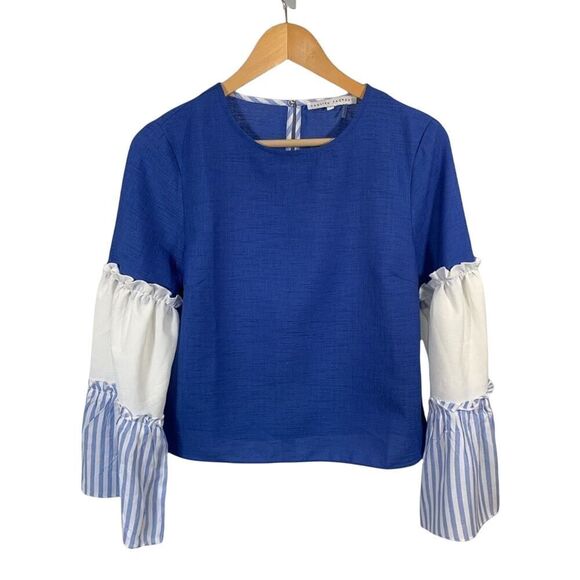 ENGLISH FACTORY Women’s Tiered Ruffle Statement Sleeve Top Blue/White Size Small - Picture 1 of 12